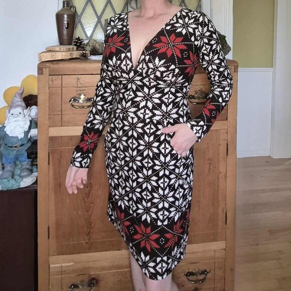 🍄 50% OFF - Scandinavian Floral Print Knit Midi Fitted Dress Cream Brown Orange - Picture 1 of 15